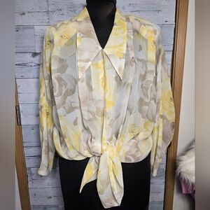 Vintage 80s Yellow Cream Floral Sheer Button Down Blouse